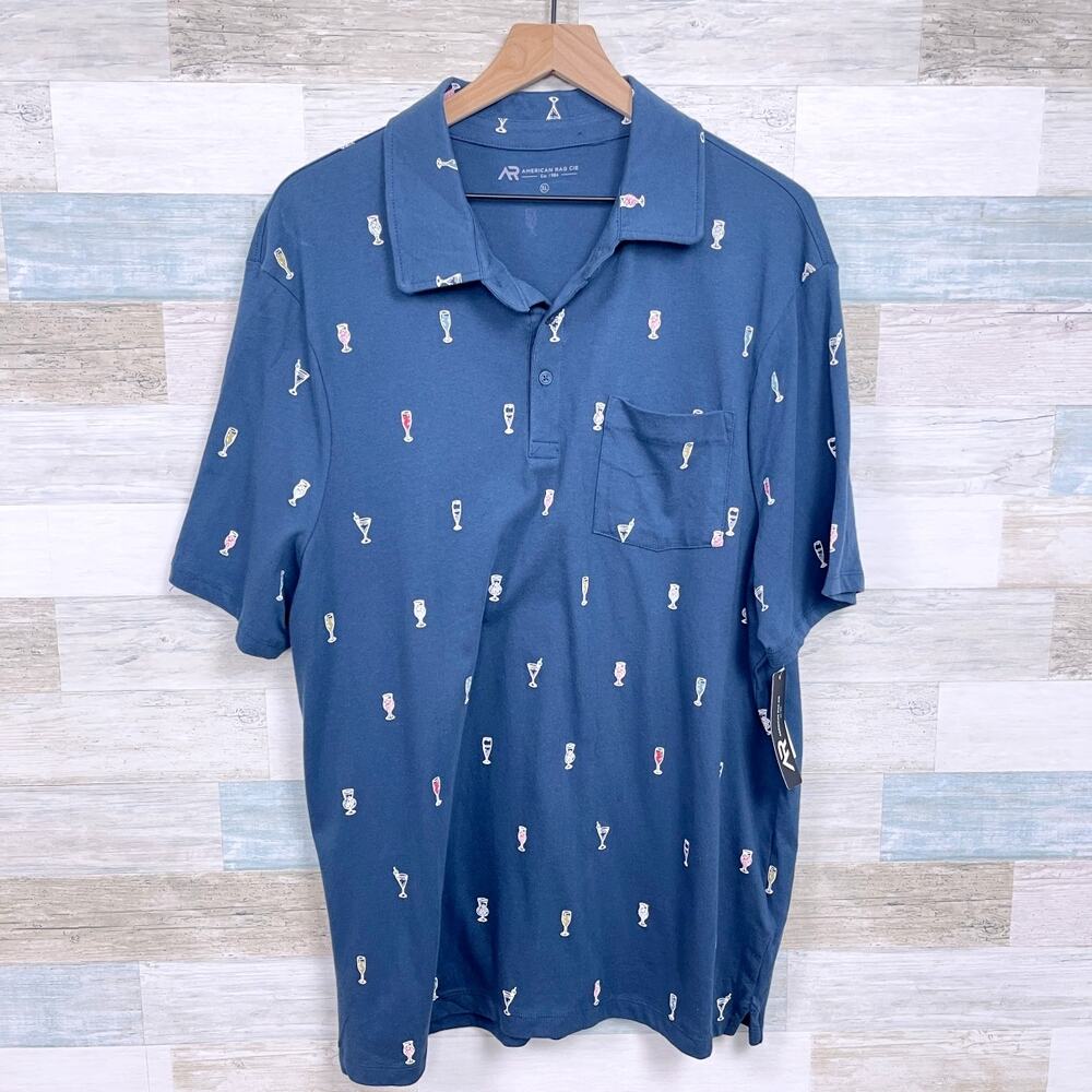 American Rag Cocktail Martini Allover Print Polo Shirt Blue Short Sleeve Mens XL